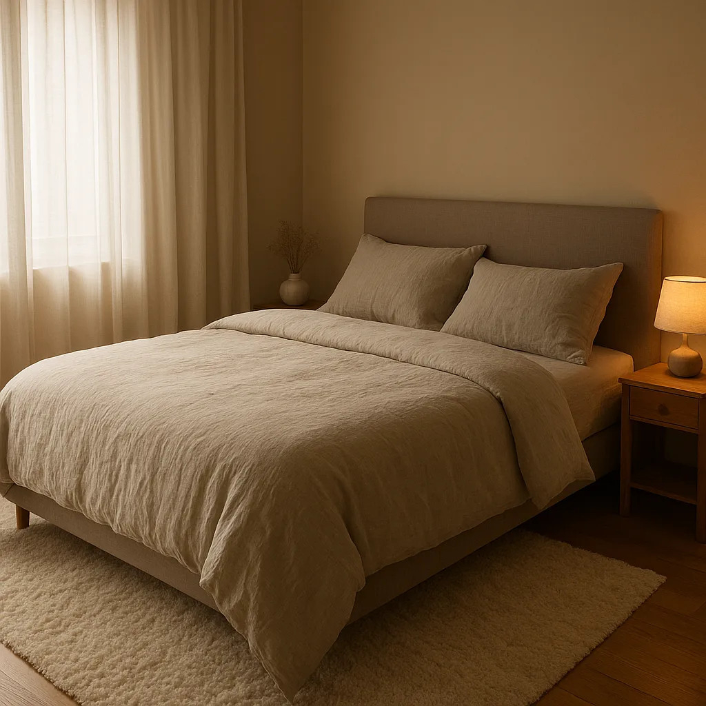 Chambre adulte cocooning avec linge de lit en lin et lumière tamisée