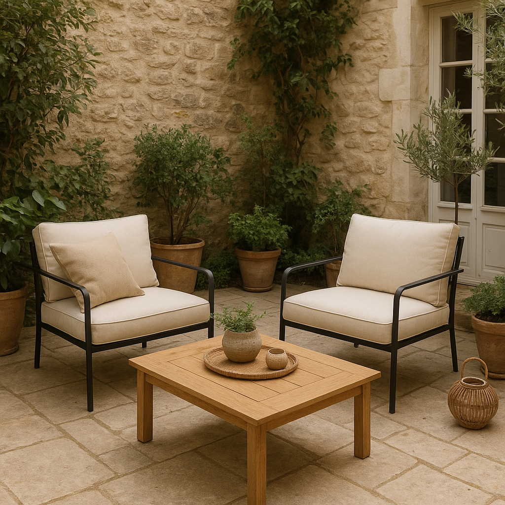Idées déco jardin faciles : 25 inspirations simples pour transformer l’extérieur 2 Coin détente de jardin facile à aménager avec mobilier simple et plantes en pot