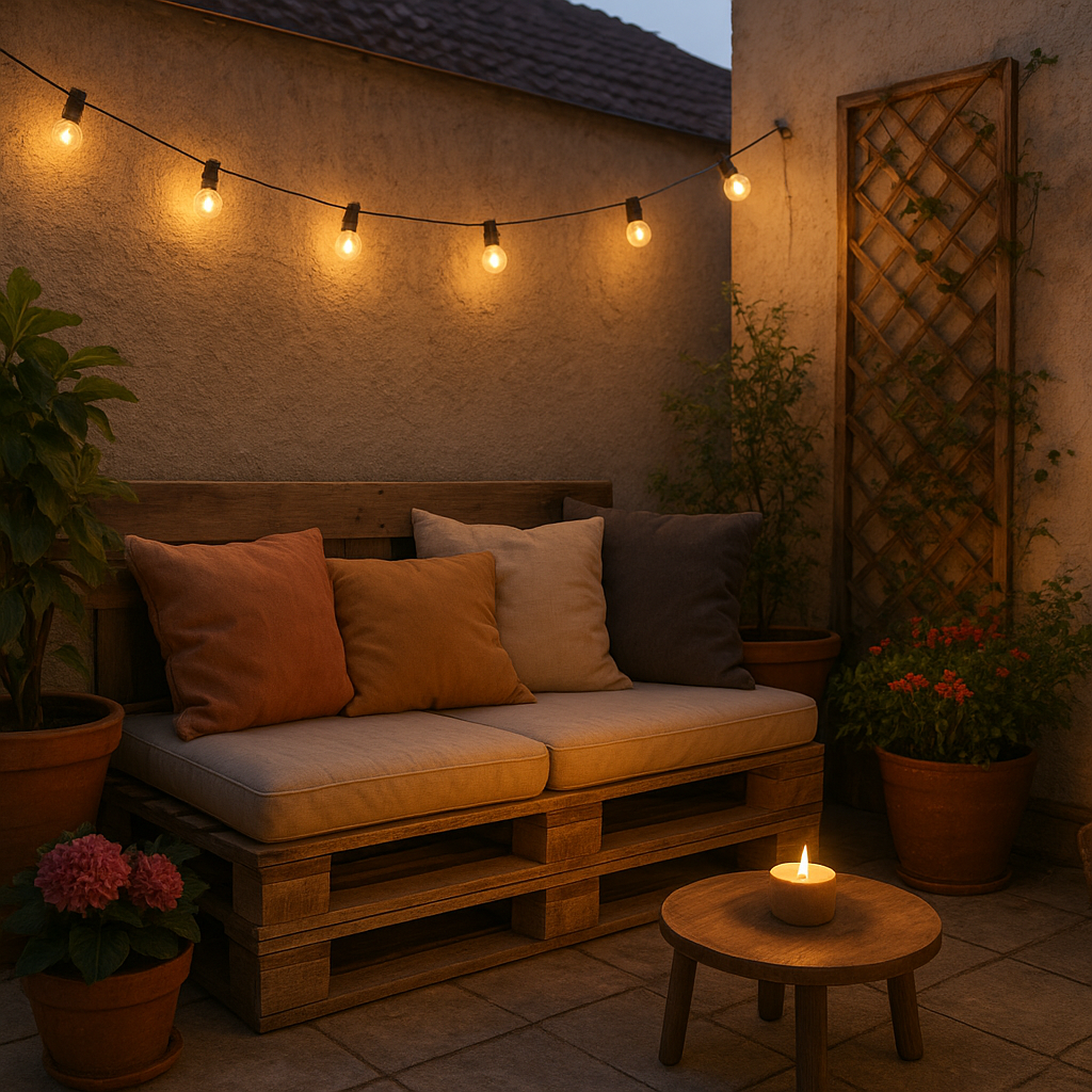 Aménager une terrasse pas chère : 18 idées pour un extérieur stylé à petit budget 3 Coin terrasse cosy à petit budget avec palettes recyclées et éclairage solaire