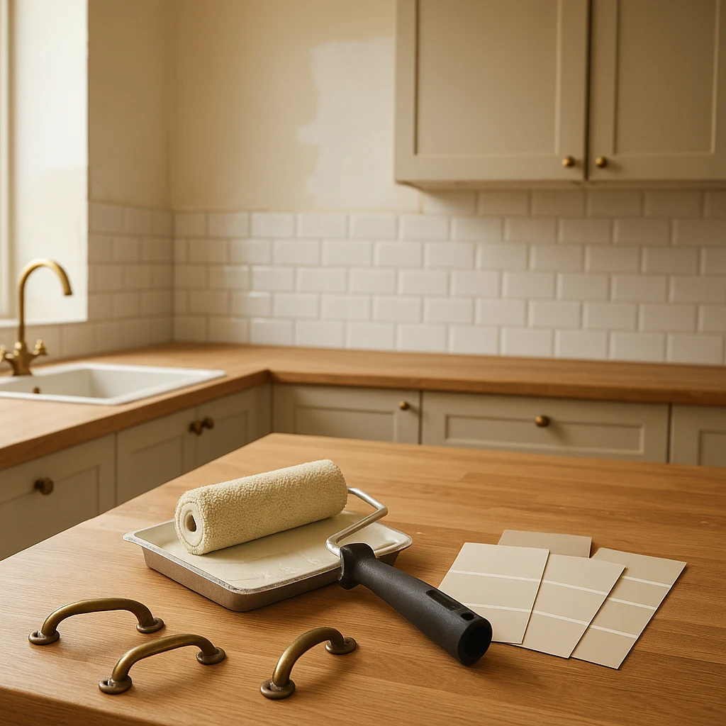 Cuisine en cours de relooking avec peinture et nouvelles poignées