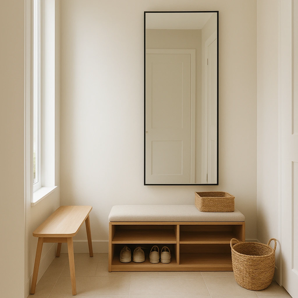 Entrée étroite aménagée avec meuble à chaussures compact et miroir vertical