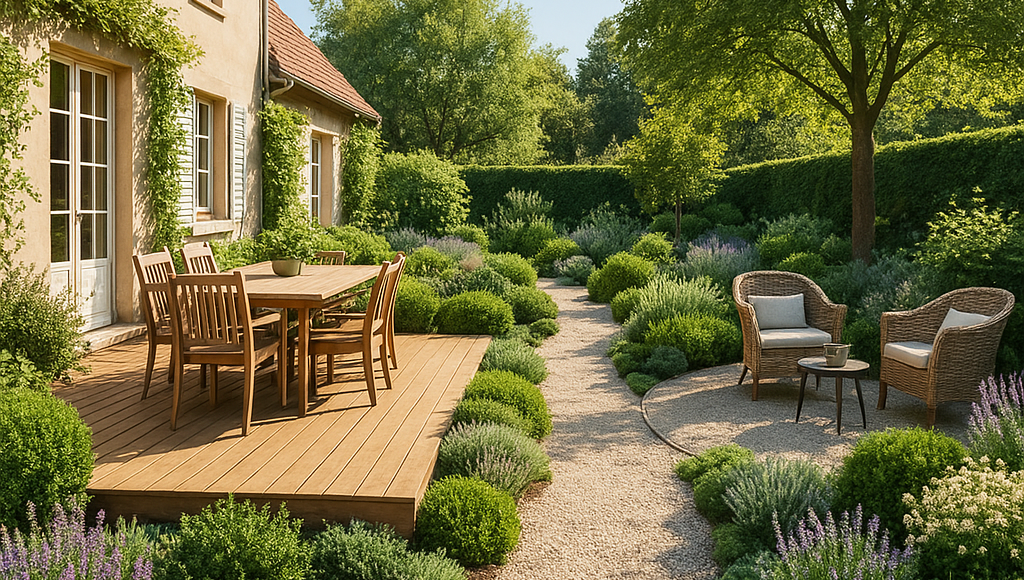 Aménagement extérieur harmonieux avec terrasse, allée et jardin structuré autour de la maison