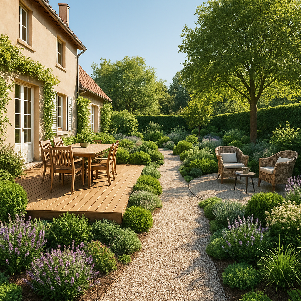 Aménagement extérieur maison : par où commencer pour un résultat harmonieux ? 3 Exemple d’aménagement extérieur maison harmonieux avec terrasse, allée et jardin structuré