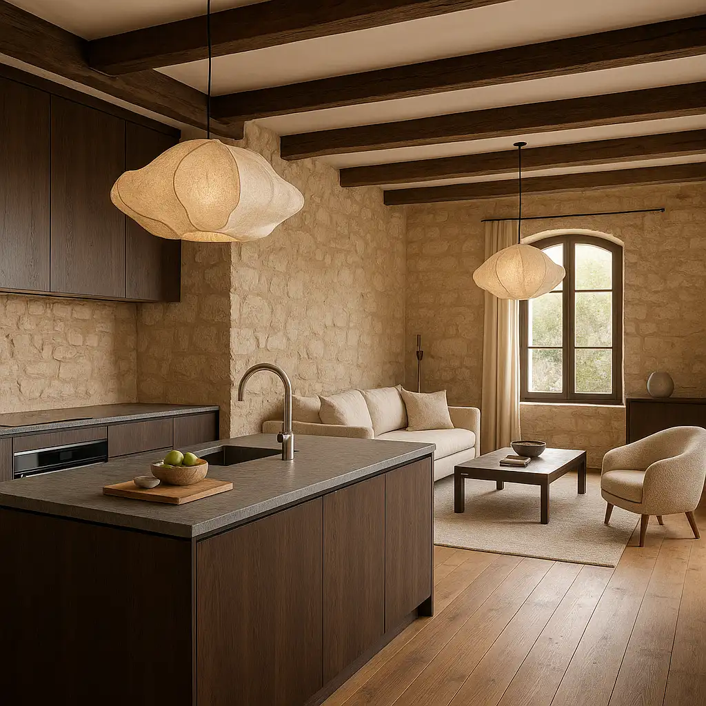 Intérieur inspiré des tendances déco 2026 avec matières naturelles et accents métalliques