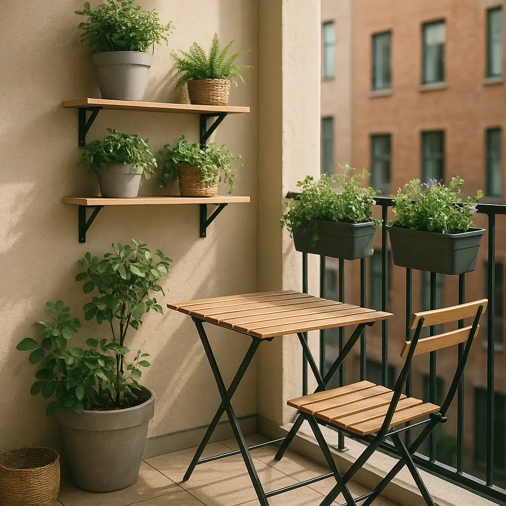 Petit balcon aménagé avec rangement vertical et mobilier pliant