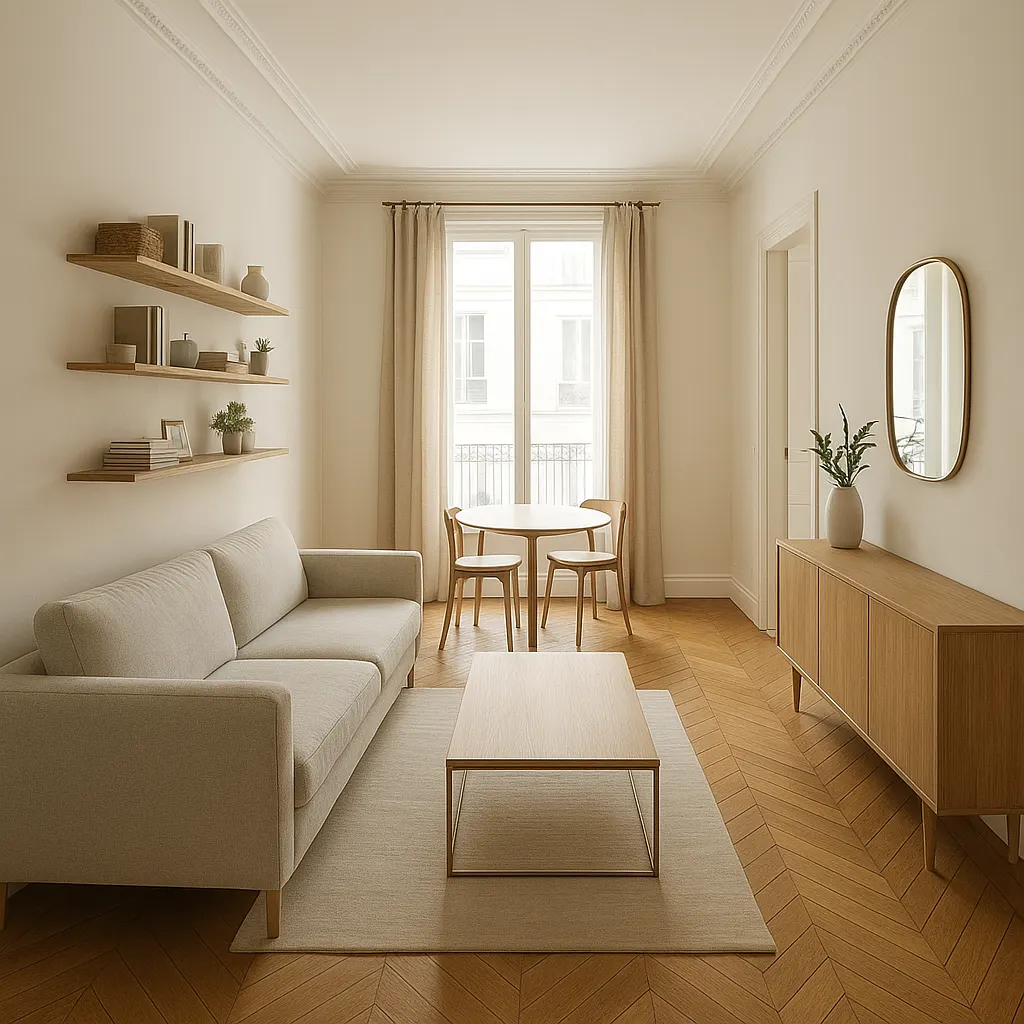 Petit salon en longueur aménagé avec circulation fluide et mobilier compact