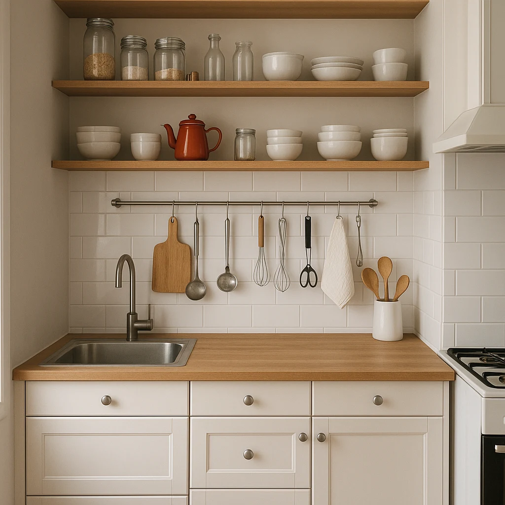 Petite cuisine optimisée avec des rangements pratiques et peu coûteux
