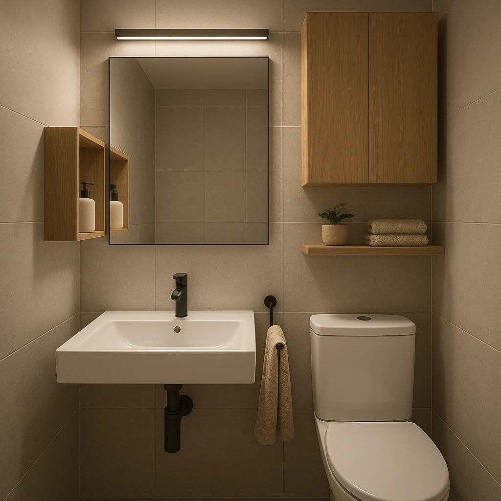 Petite salle de bain avec rangements muraux et éclairage optimisé