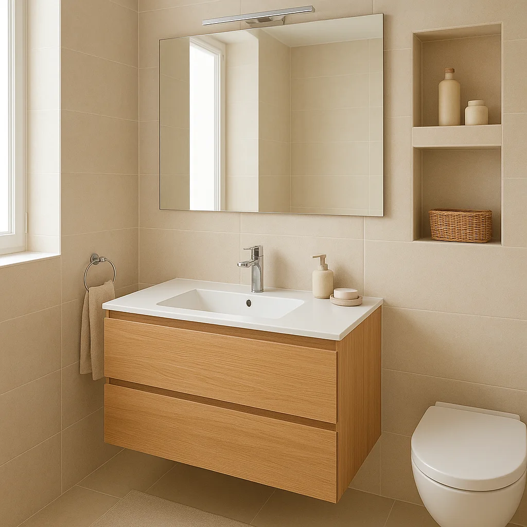Petite salle de bain optimisée avec meuble suspendu et grand miroir