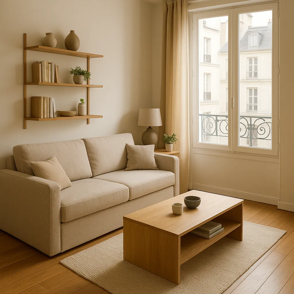 Salon optimisé d’un petit appartement avec rangements multifonctions
