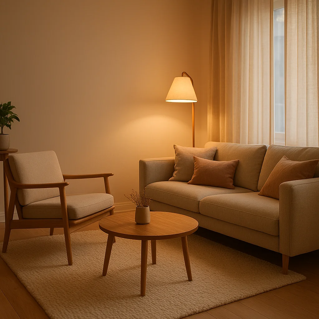 Salon scandinave chaleureux avec matières naturelles et lumière douce
