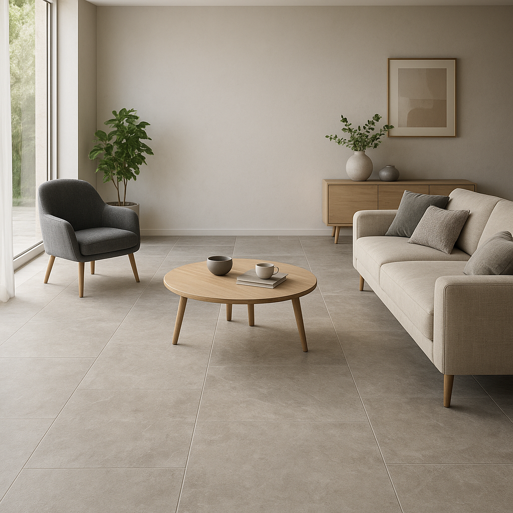 Parquet ou carrelage pour le séjour : comparatif complet pour faire le bon choix 3 Séjour contemporain avec carrelage grand format