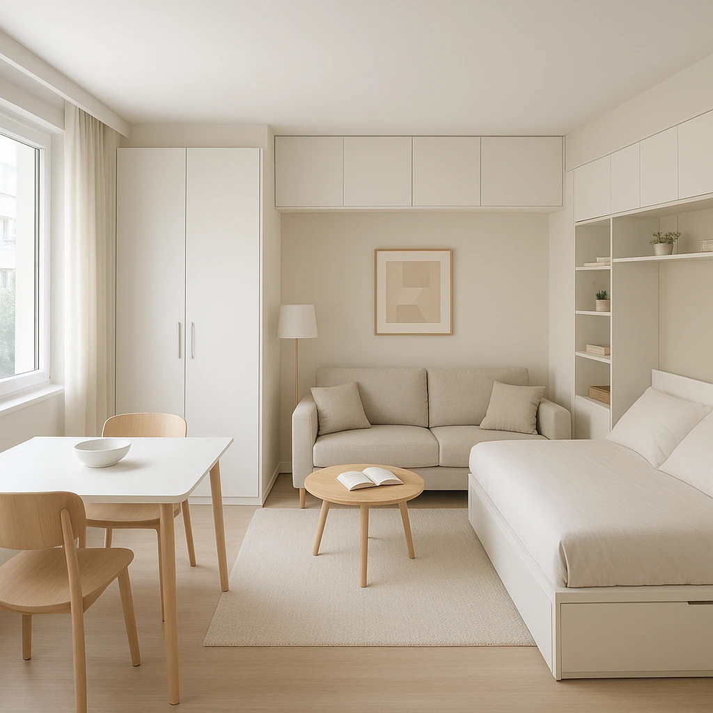 Studio de 20 m² aménagé avec des zones distinctes et du mobilier compact