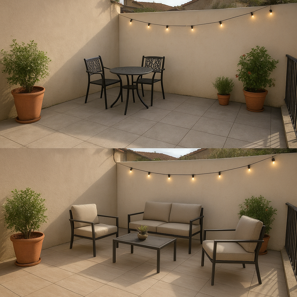 Aménager une terrasse pas chère : 18 idées pour un extérieur stylé à petit budget 2 Terrasse aménagée à petit budget avec dalles clipsables, mobilier économique et plantes