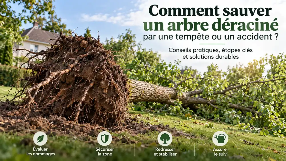 Arbre déraciné et racines exposées sur le gazon, tronc tombé, branches éparses; maison et verdure à l'arrière-plan, ciel bleu, texte en haut à droite.