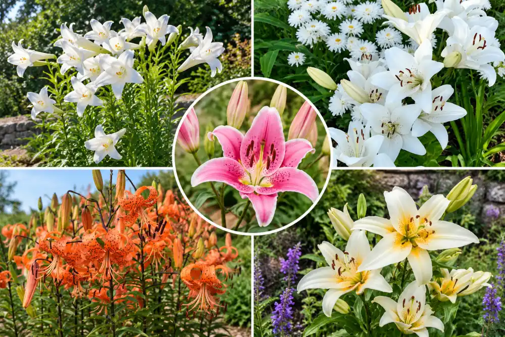 lys rose au centre entouré de panneaux montrant des lis blancs, orange et jaunes en jardin fleuri