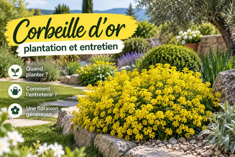 Massif de corbeille d'or jaune au premier plan dans un jardin coloré, rochers autour et texte jaune en haut à gauche