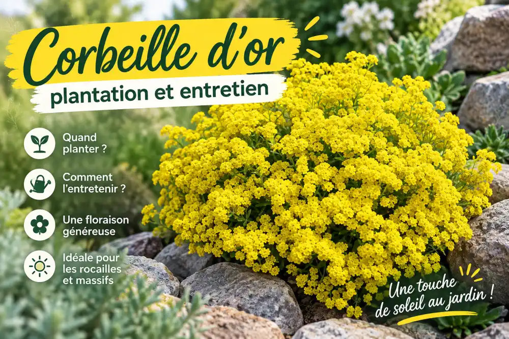 Massif de corbeille d'or avec des grappes de petites fleurs jaunes entouré de rochers, arrière-plan jardin végétal.