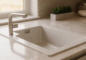 evier inox sur plan quartz