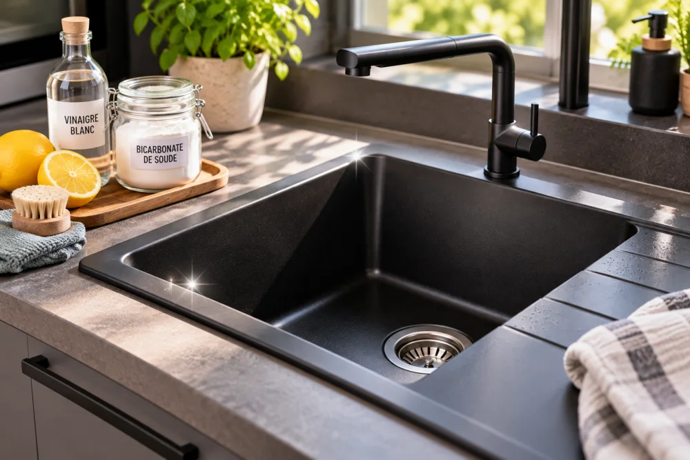 evier noir encastré dans plan gris, robinet haut, vinaigre et bicarbonate sur plan, demi citron, brosse et plante à la fenêtre