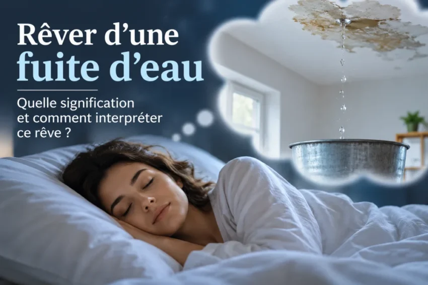 Femme endormie sur un lit blanc; en arrière-plan gris-bleu, vignette représentant une fuite d’eau tombant dans un seau métallique, texte surimposé à gauche.