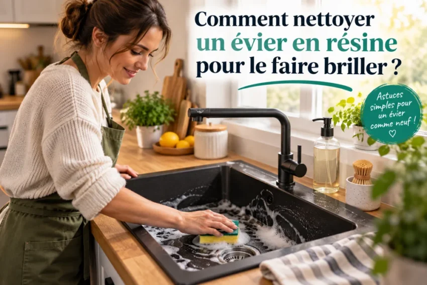 femme souriante en pull beige et tablier vert nettoie evier noir en resine avec une eponge dans une cuisine lumineuse