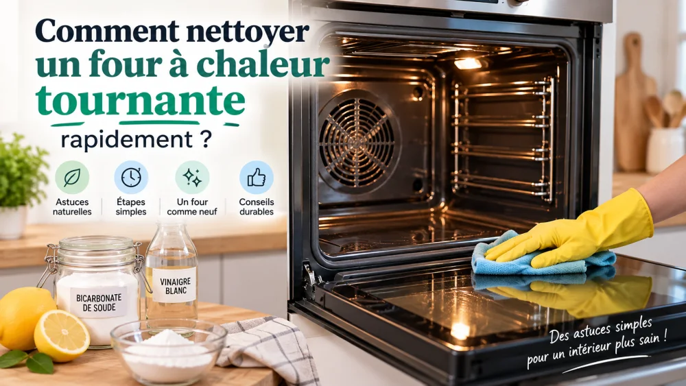 Four ouvert dans une cuisine; main gantée jaune essuie la porte avec chiffon bleu; bocaux bicarbonate et vinaigre sur plan, citrons et farine.