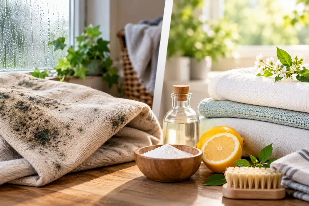 serviette beige tachée de moisissure à gauche, bouteille à bouchon en liège au centre, bol de poudre blanche, demi-citron, serviettes et brosse