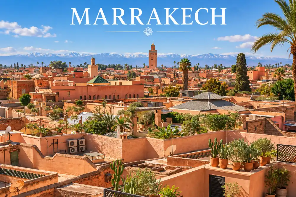 En haut, l’inscription blanche 'MARRAKECH' sur fond bleu domine une ville en teinte terracotta avec palmiers et montagnes enneigées à l’arrière-plan.