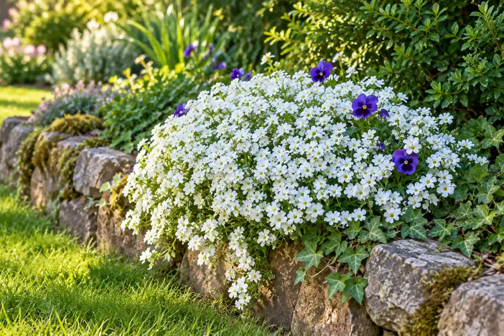 Massif de petites fleurs blanches couvrant une bordure rocheuse, accompagné de quelques violettes et d’un feuillage vert dense.