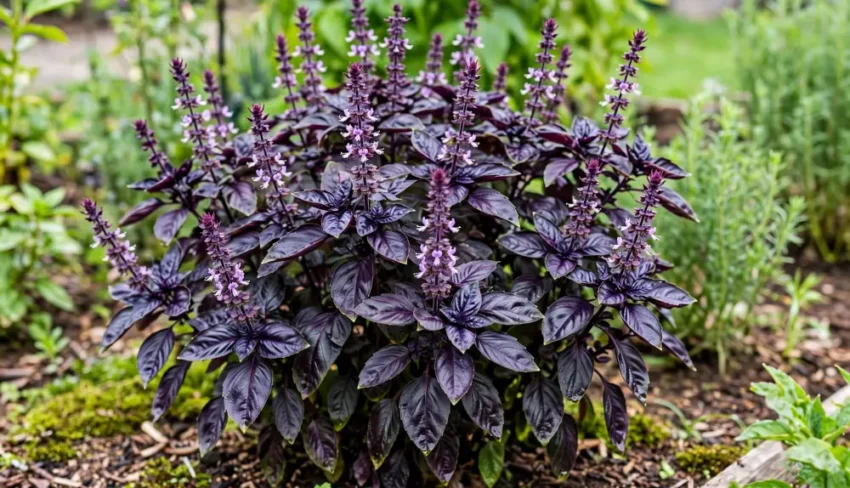 Basilic pourpre : culture et utilisation 1 arbuste de basilic pourpre aux feuilles violettes brillantes et aux longues tiges florales, petites fleurs rose-clair disposées en épis, jardin en arrière-plan