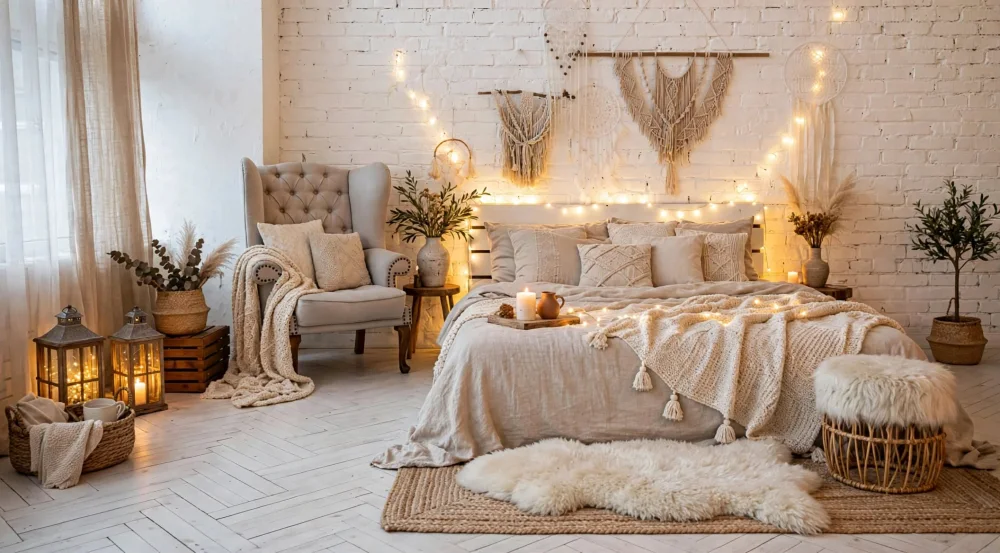 Chambre cosy de style boho: lit beige et coussins, fauteuil tufté à gauche, guirlandes lumineuses sur le mur et plantes.