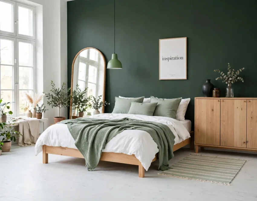 Comment aménager et décorer une chambre pour adulte ? Guide complet, idées et conseils 1 Chambre lumineuse avec mur vert foncé, lit en bois clair, linge blanc et coussins verts, miroir arrondi et plantes.