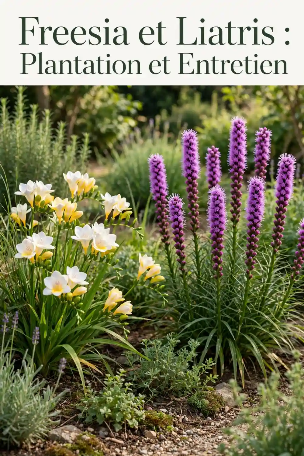 Massif florale en jardin: freesia jaune et blanc à gauche, talles violettes de liatris à droite, feuillage vert lumineux.