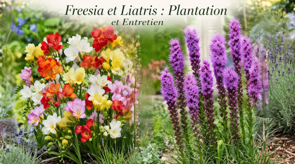 Massif de jardin avec freesias multicolores à gauche et liatris violets en épis à droite, texte en haut lisant Freesia et Liatris.