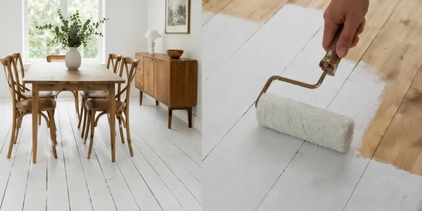 Parquet peint : les 5 erreurs à ne surtout pas commettre 2 Salle a manger lumineuse avec table et chaises en bois clair; a droite, main avec rouleau a peinture sur le parquet.
